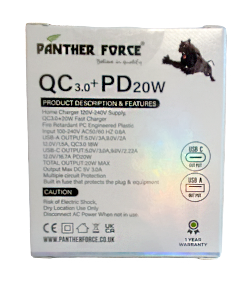 PANTHER FORCE STRAIGHT PIN 20W PLUG WITH USB-C & USB-A PANTHER FORCE STRAIGHT PIN 20W PLUG WITH USB-C & USB-A